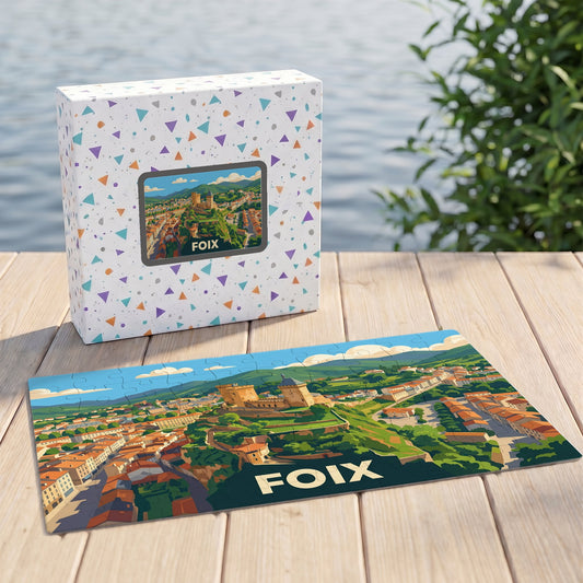 Puzzle souvenir de la ville de Foix avec une illustration panoramique de son château et de ses toits rouges.