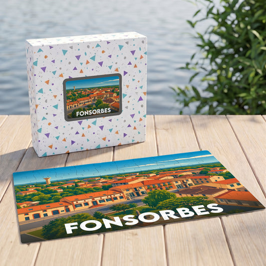 Puzzle souvenir de la ville de Fonsorbes représentant une vue panoramique illustrée dans un style graphique.