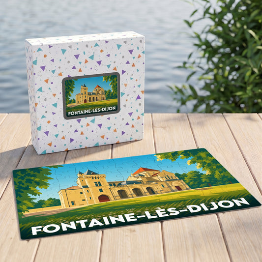 Puzzle souvenir de la ville de Fontaine-lès-Dijon avec une illustration stylisée de son patrimoine.
