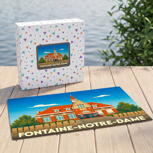 Puzzle souvenir de la ville de Fontaine-Notre-Dame avec une illustration stylisée d'un bâtiment remarquable.