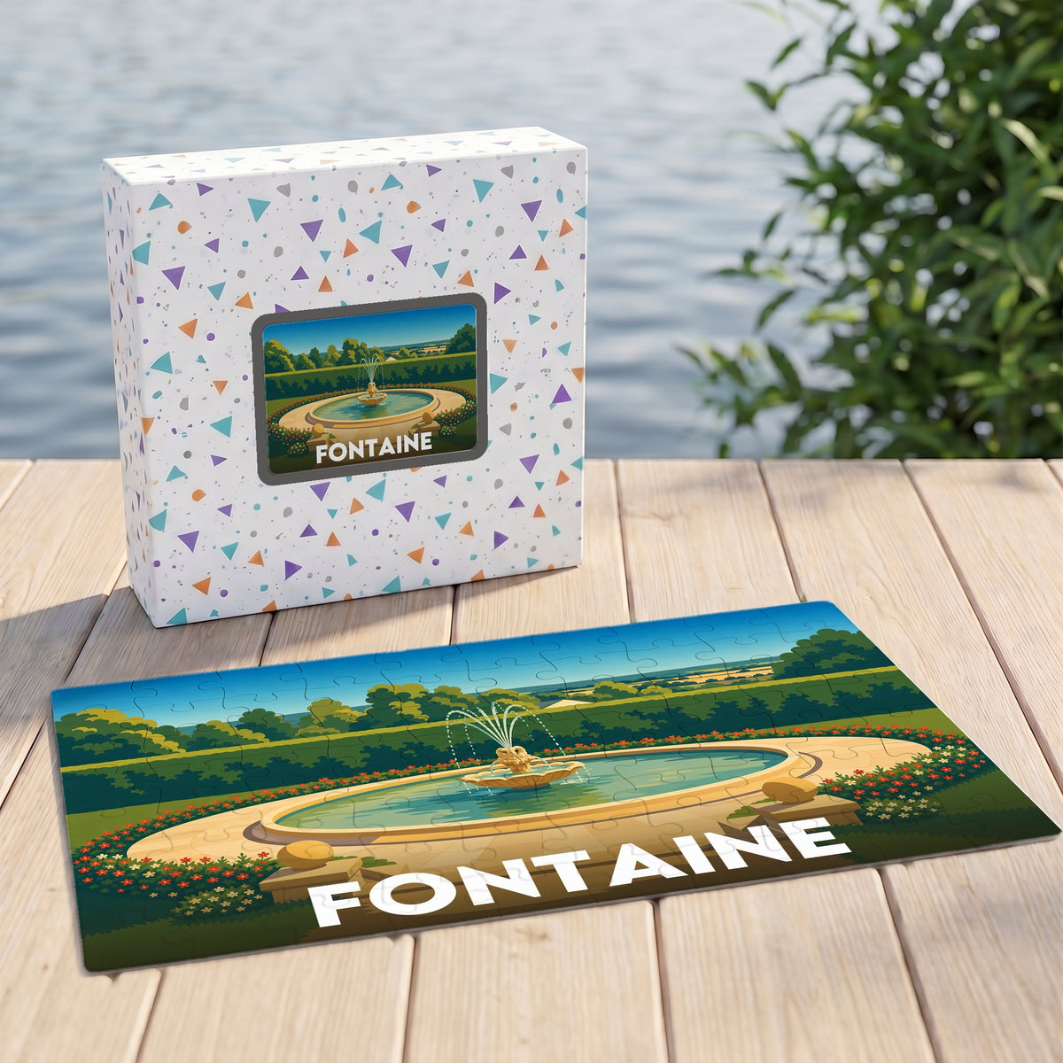 Puzzle souvenir de la ville de Fontaine avec une illustration stylisée d'un jardin et son jet d'eau.