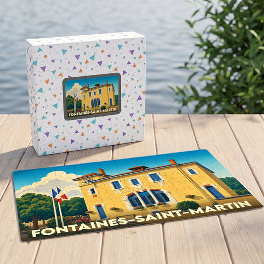Puzzle souvenir de la ville de Fontaines-Saint-Martin avec une illustration stylisée d'un bâtiment jaune sous un ciel bleu.