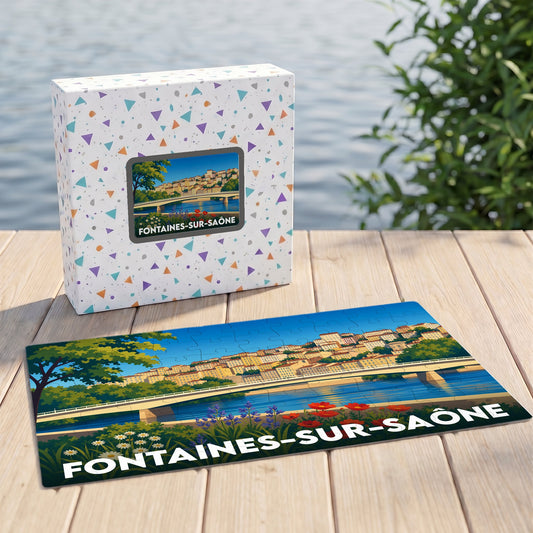 Puzzle souvenir de la ville de Fontaines-sur-Saône avec une illustration colorée et stylisée de ses quais.