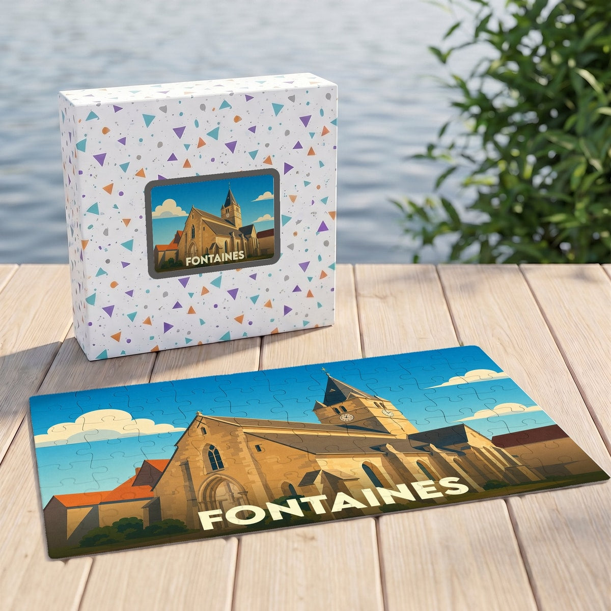 Puzzle souvenir de la ville de Fontaines avec une illustration stylisée d'une église.
