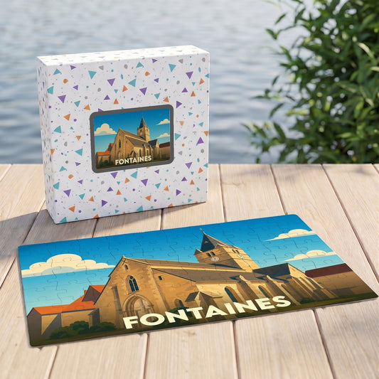 Puzzle souvenir de la ville de Fontaines avec une illustration stylisée d'une église.