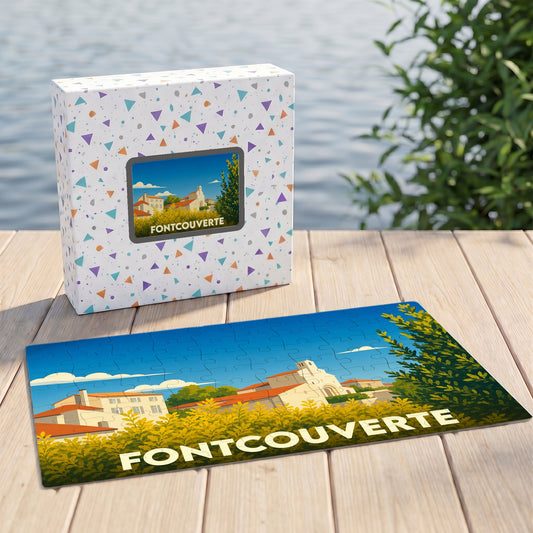 Puzzle souvenir de la ville de Fontcouverte avec une illustration stylisée et colorée.