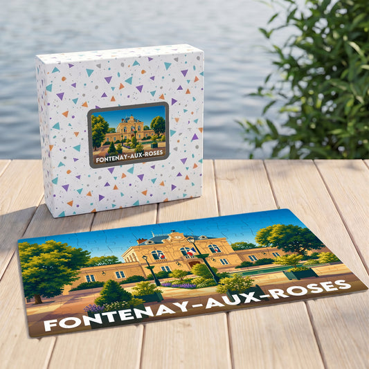 Puzzle souvenir de la ville de Fontenay-aux-Roses avec une illustration stylisée et colorée de son patrimoine.