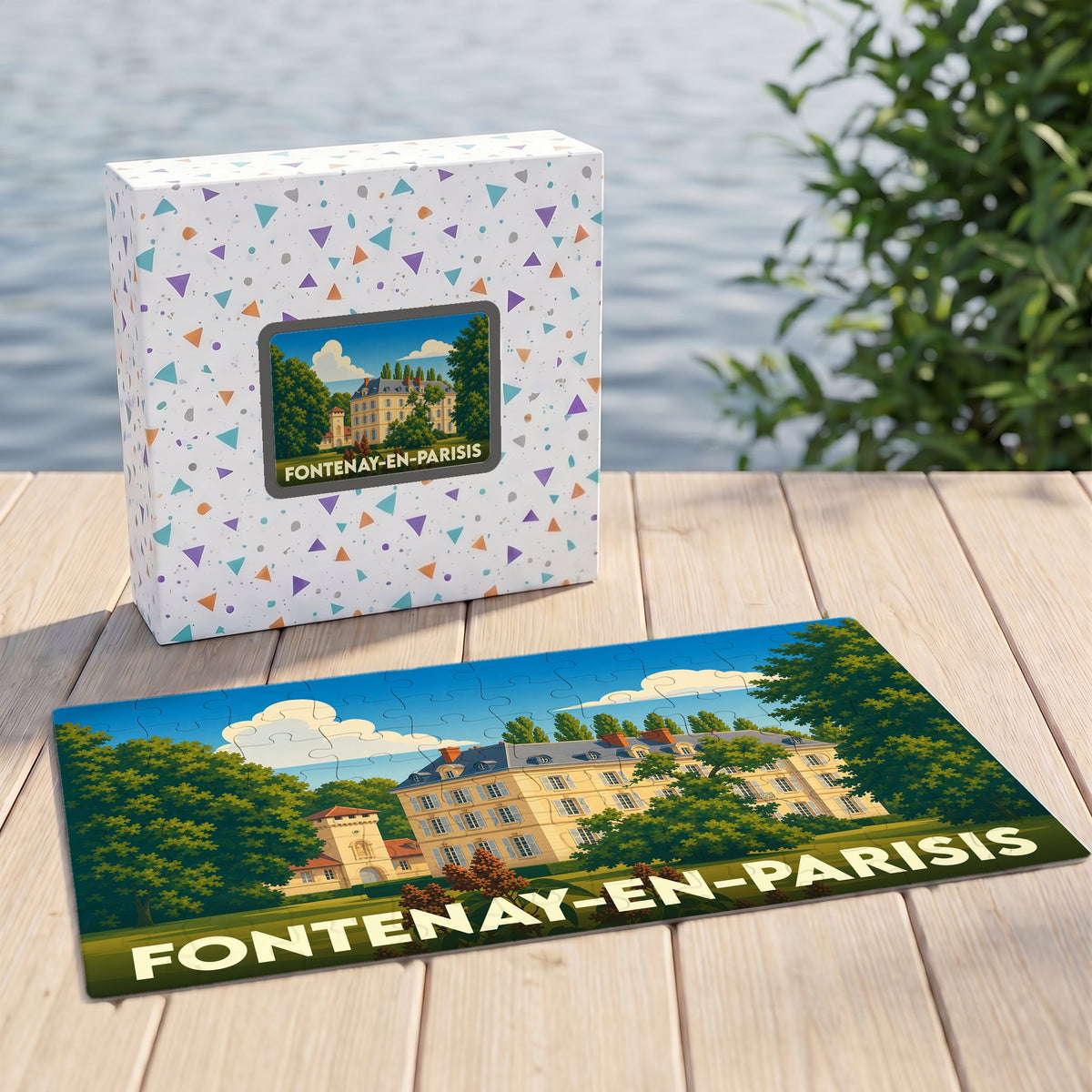 Puzzle souvenir de la ville de Fontenay-en-Parisis avec une illustration stylisée d'un château entouré de verdure.