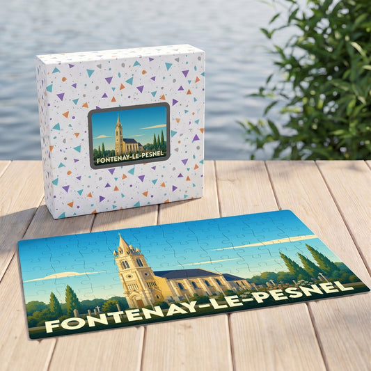 Puzzle souvenir de Fontenay-le-Pesnel représentant son église dans un style illustré épuré.