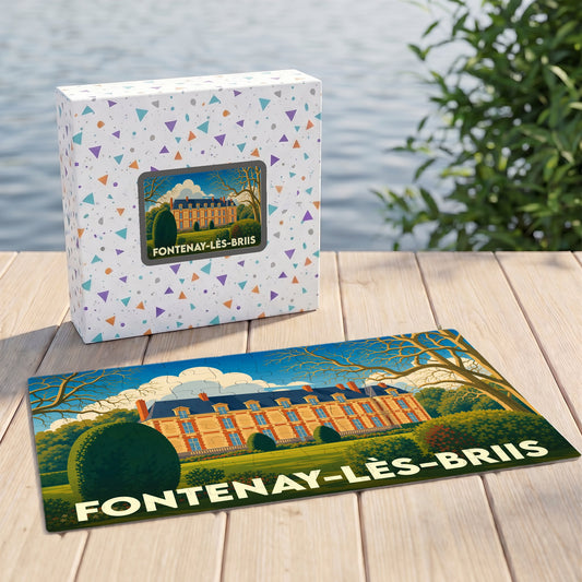 Puzzle souvenir de la ville de Fontenay-lès-Briis avec une illustration stylisée d'un château.
