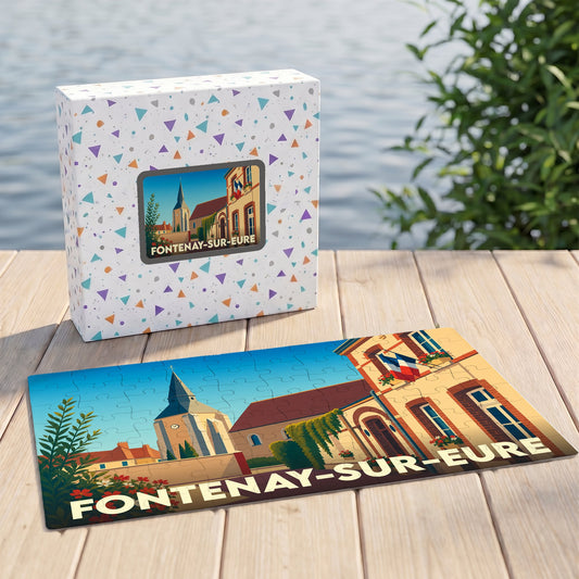 Puzzle souvenir de la ville de Fontenay-sur-Eure avec une illustration stylisée et colorée.
