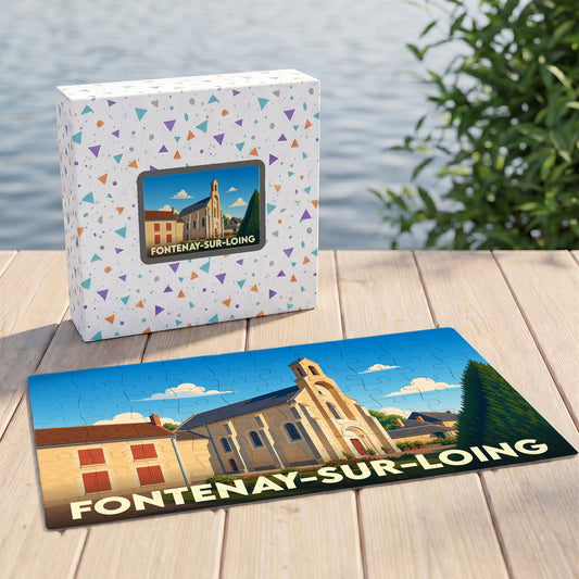Puzzle souvenir de la ville de Fontenay-sur-Loing avec une illustration stylisée de son église.