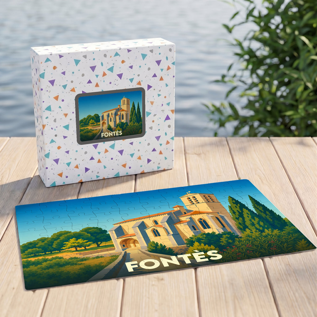 Puzzle souvenir de la ville de Fontès avec une illustration stylisée de son église.