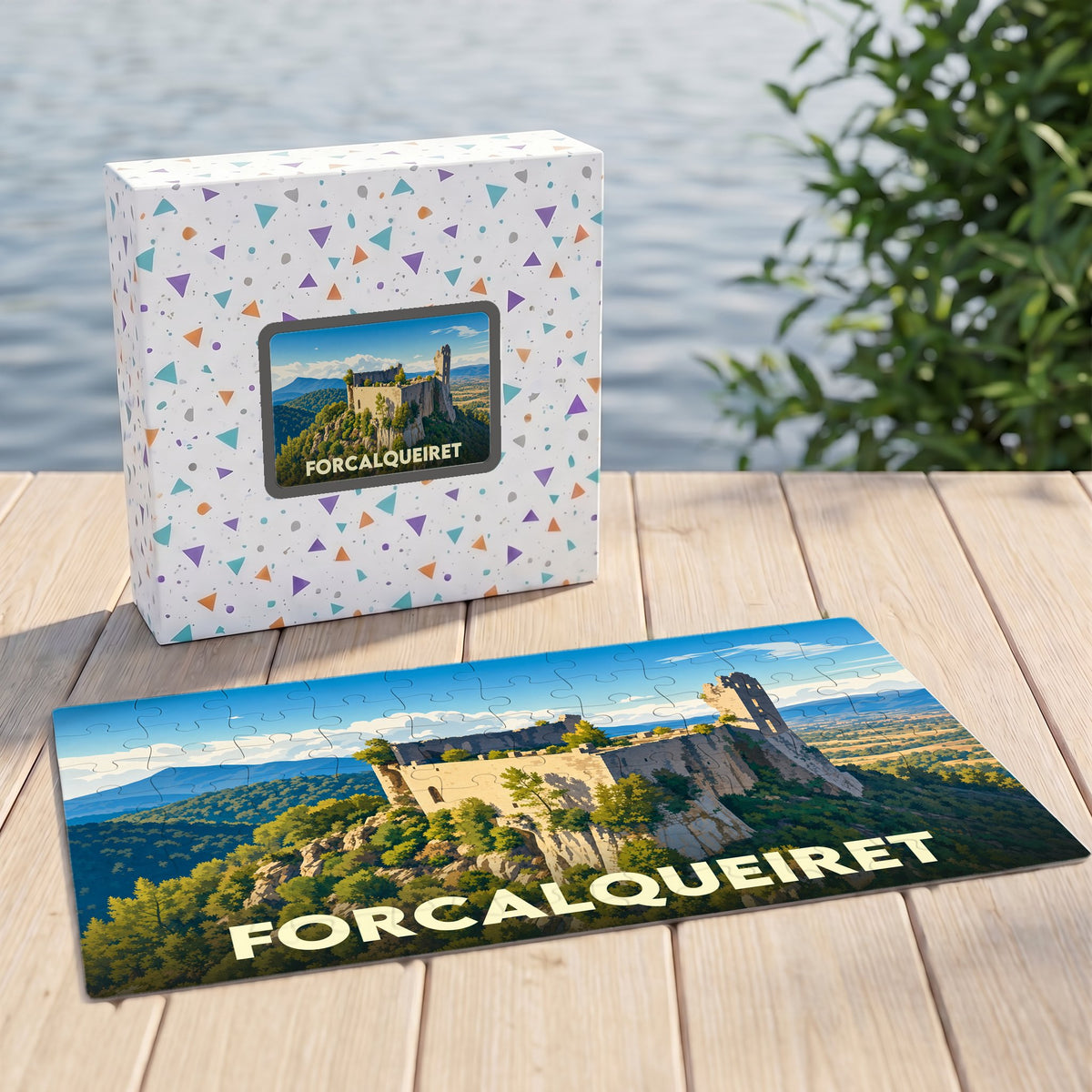 Puzzle souvenir de la ville de Forcalqueiret illustrant son château médiéval sur son socle rocheux.
