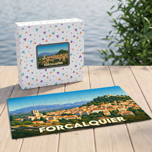 Puzzle souvenir de la ville de Forcalquier avec une illustration stylisée et colorée.