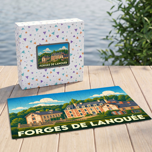 Puzzle souvenir de Forges de Lanouée illustrant un domaine seigneurial dans un style coloré et épuré.