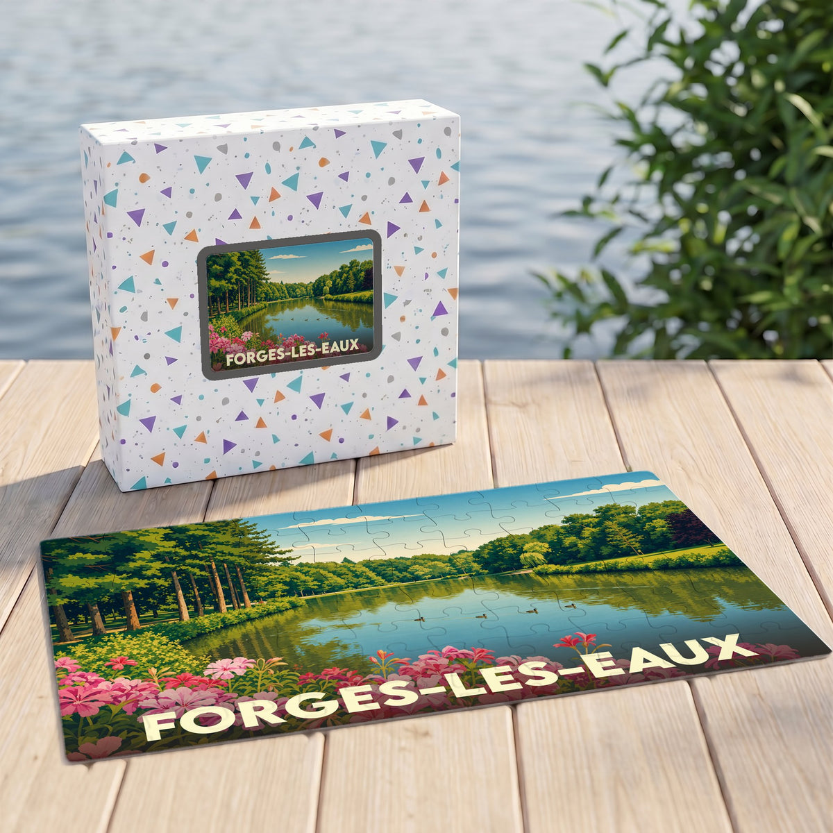 Puzzle souvenir de la ville de Forges-les-Eaux avec une illustration bucolique de son lac.
