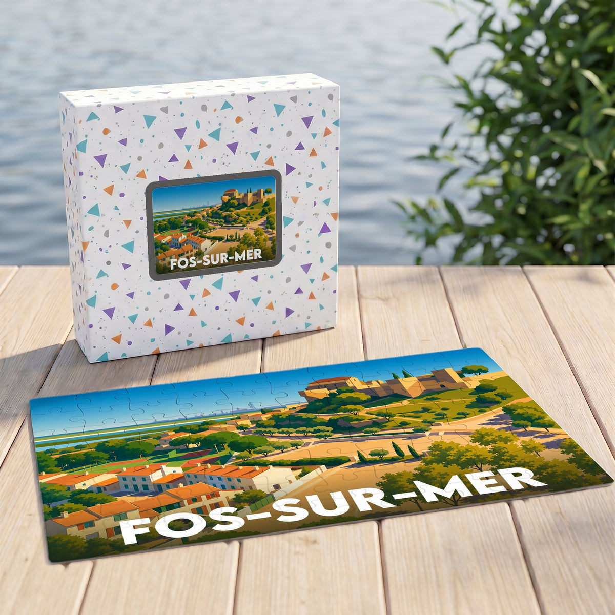Puzzle souvenir de la ville de Fos-sur-Mer avec une illustration stylisée d'un paysage provençal.