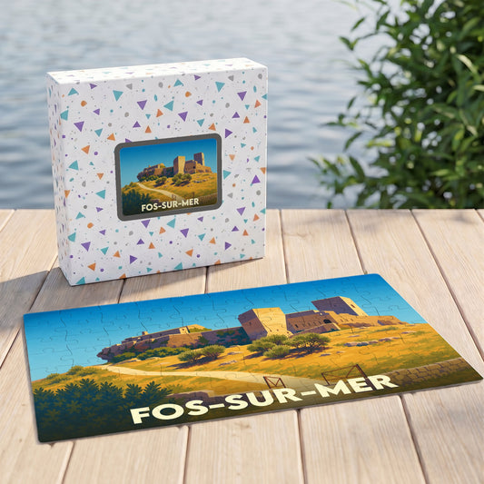 Puzzle souvenir de la ville de Fos-sur-Mer avec une illustration stylisée d'un château médiéval sur une colline.