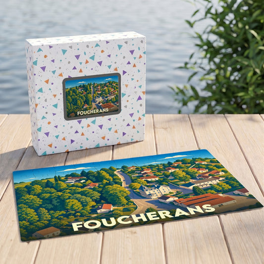 Puzzle souvenir de la ville de Foucherans illustré d'un paysage urbain stylisé dans son coffret.