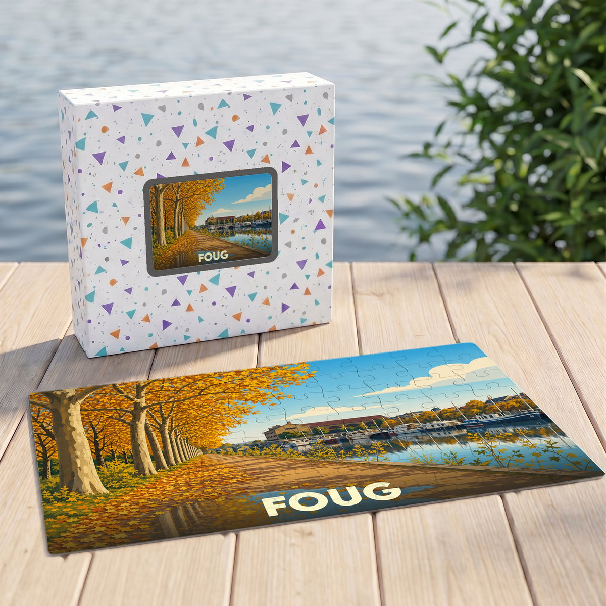 Puzzle souvenir de la ville de Foug avec une illustration automnale d'un canal bordé d'arbres.