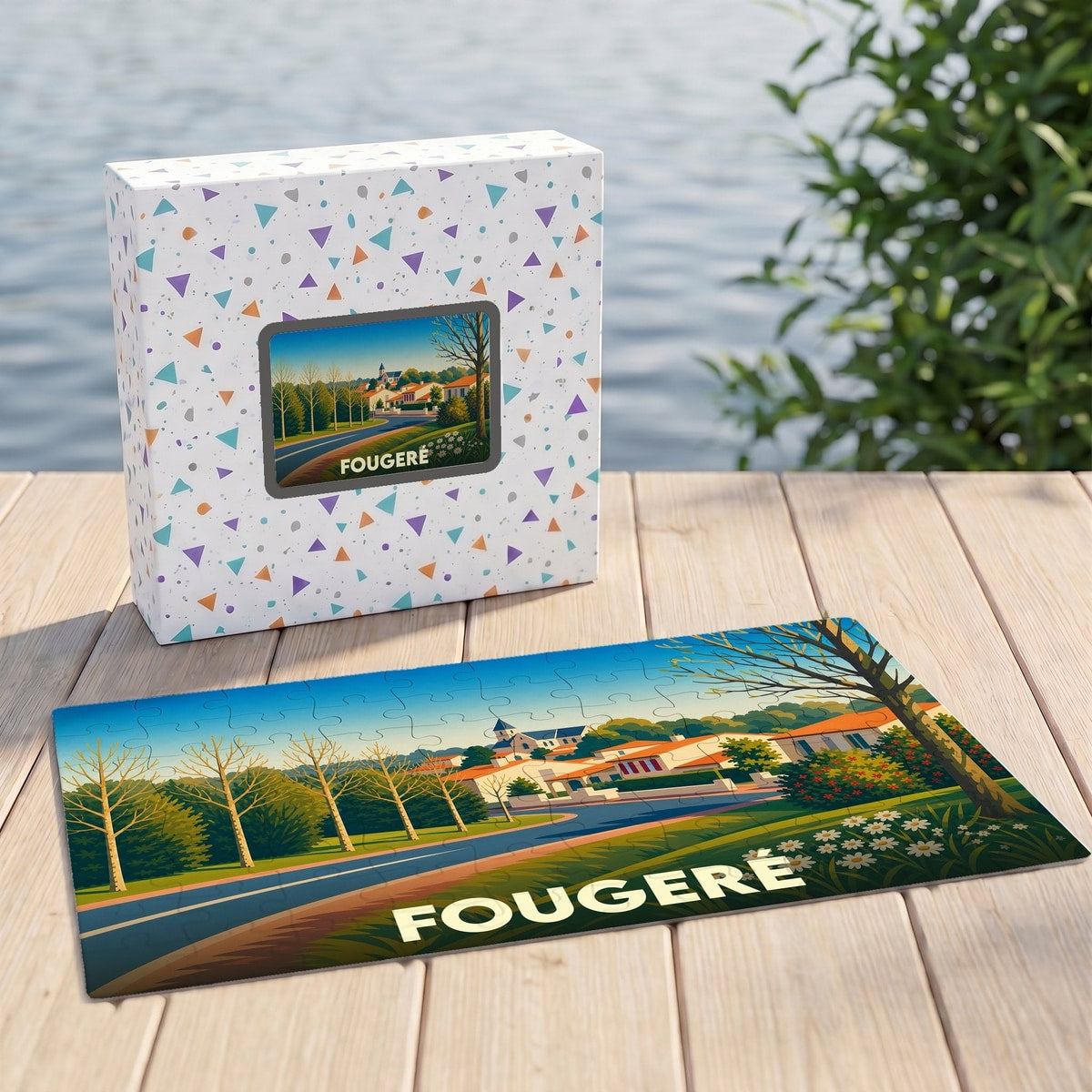 Puzzle souvenir de la ville de Fougeré avec une illustration paysagère stylisée.