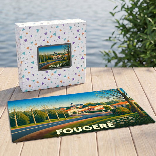 Puzzle souvenir de la ville de Fougeré avec une illustration paysagère stylisée.