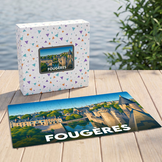 Puzzle souvenir de la ville de Fougères avec une illustration colorée de son château médiéval.