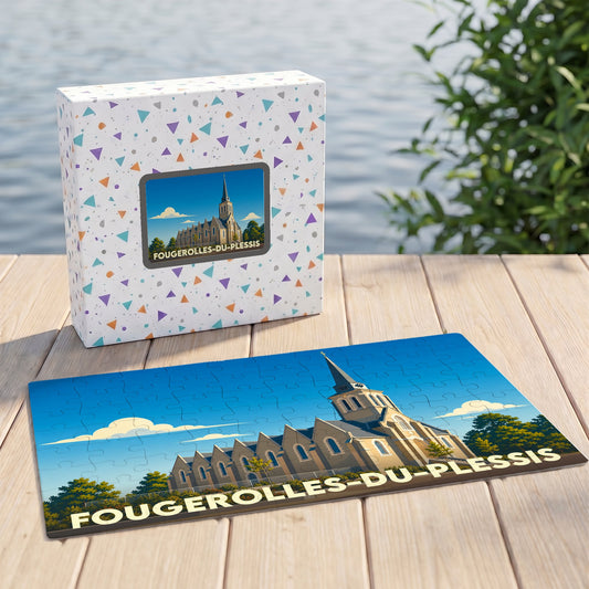 Puzzle souvenir de la ville de Fougerolles-du-Plessis avec une illustration stylisée de son église.