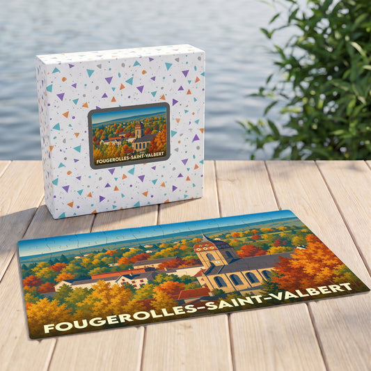 Puzzle souvenir de la ville de Fougerolles-Saint-Valbert avec une illustration automnale stylisée.