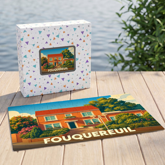 Puzzle souvenir de la ville de Fouquereuil représentant une maison colorée dans un style illustration.