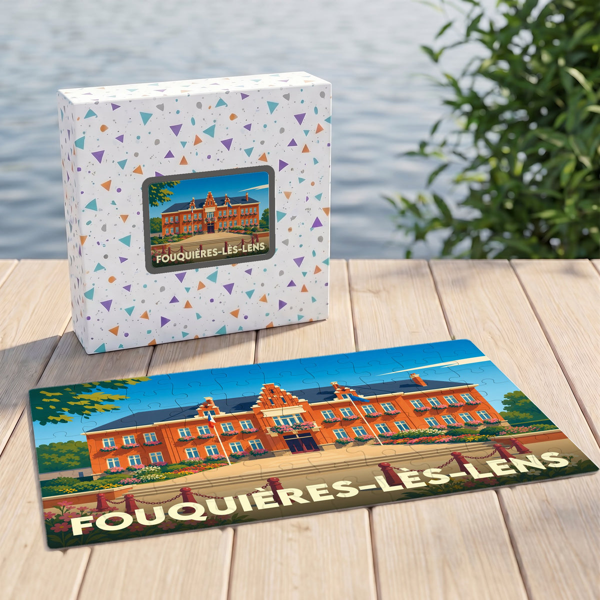 Puzzle souvenir de la ville de Fouquières-lès-Lens avec une illustration stylisée de son hôtel de ville.