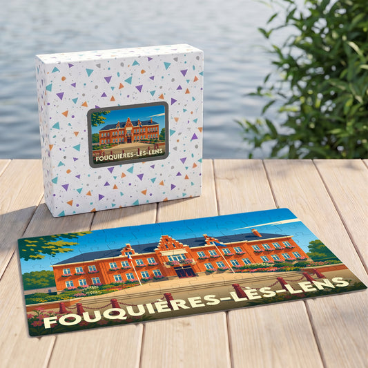 Puzzle souvenir de la ville de Fouquières-lès-Lens avec une illustration stylisée de son hôtel de ville.