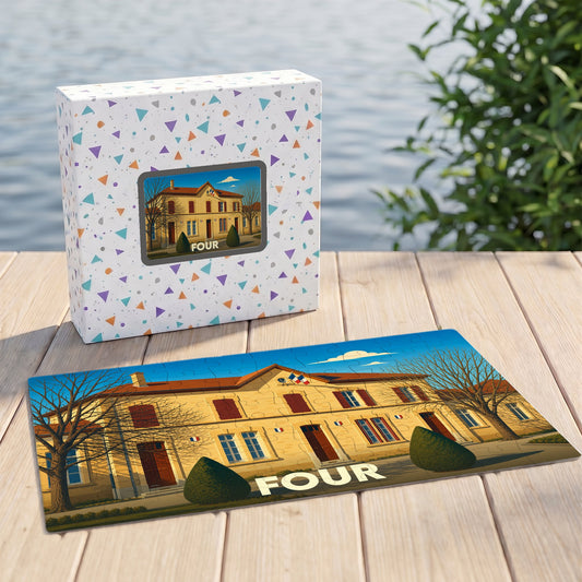 Puzzle souvenir de la ville de Four représentant une illustration stylisée d'un bâtiment communal.