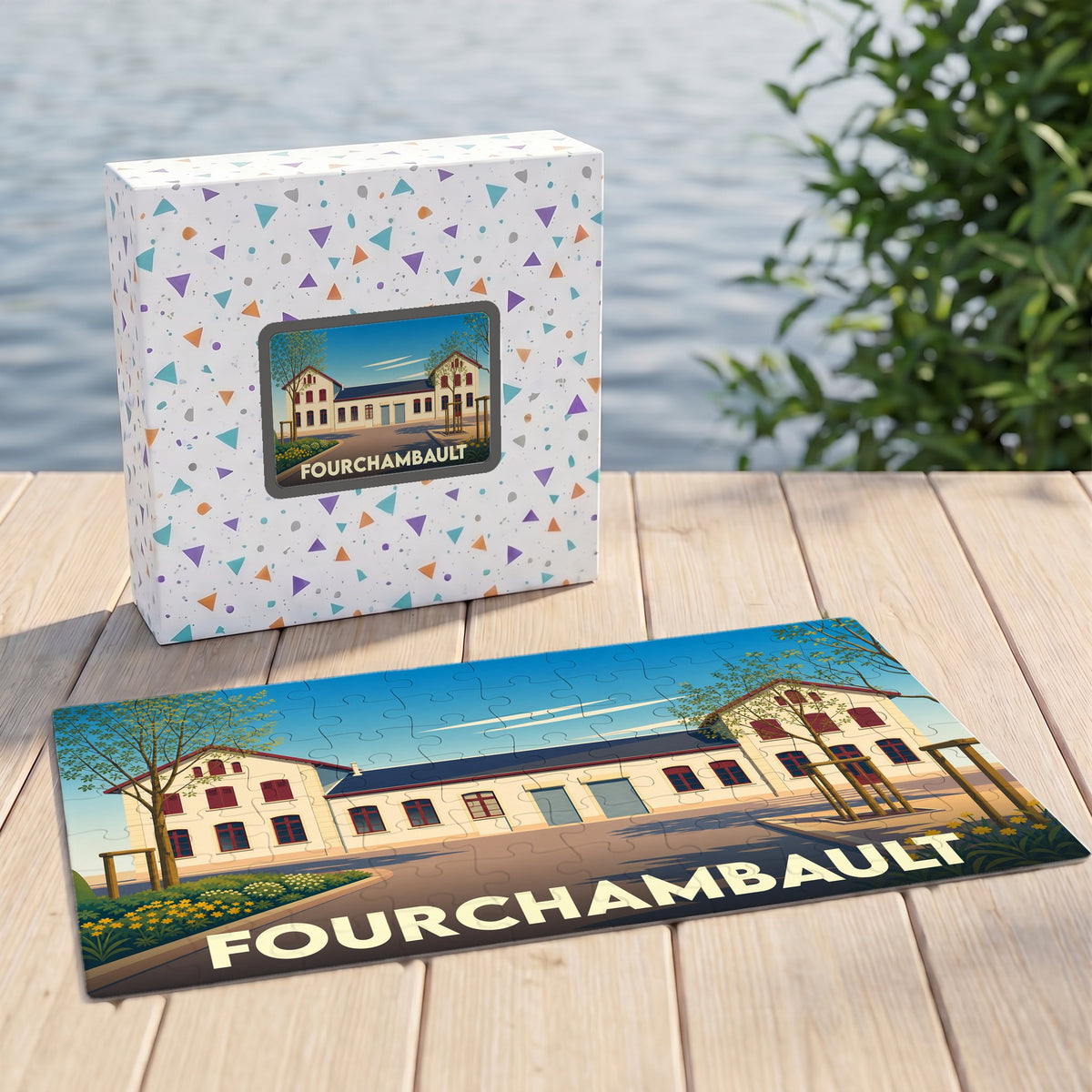 Puzzle souvenir de la ville de Fourchambault avec une illustration stylisée.
