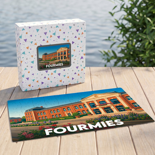 Puzzle souvenir de la ville de Fourmies illustrant un bâtiment historique dans un style coloré et épuré.