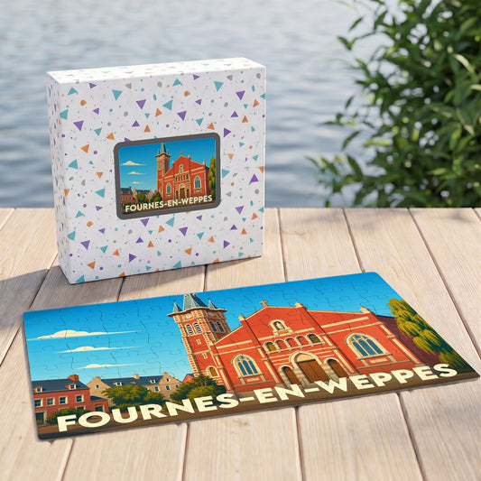 Puzzle souvenir de la ville de Fournes-en-Weppes avec une illustration stylisée de son église rouge.