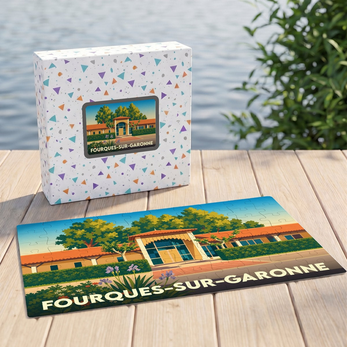 Puzzle souvenir de la ville de Fourques-sur-Garonne avec une illustration colorée et stylisée de son architecture.