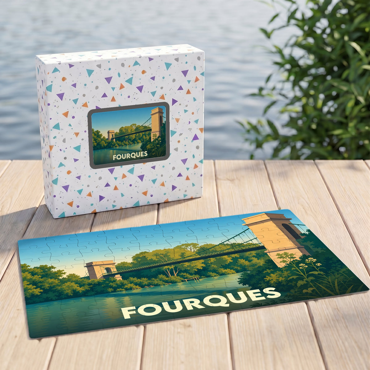 Puzzle souvenir de la ville de Fourques avec une illustration stylisée d'un pont suspendu.