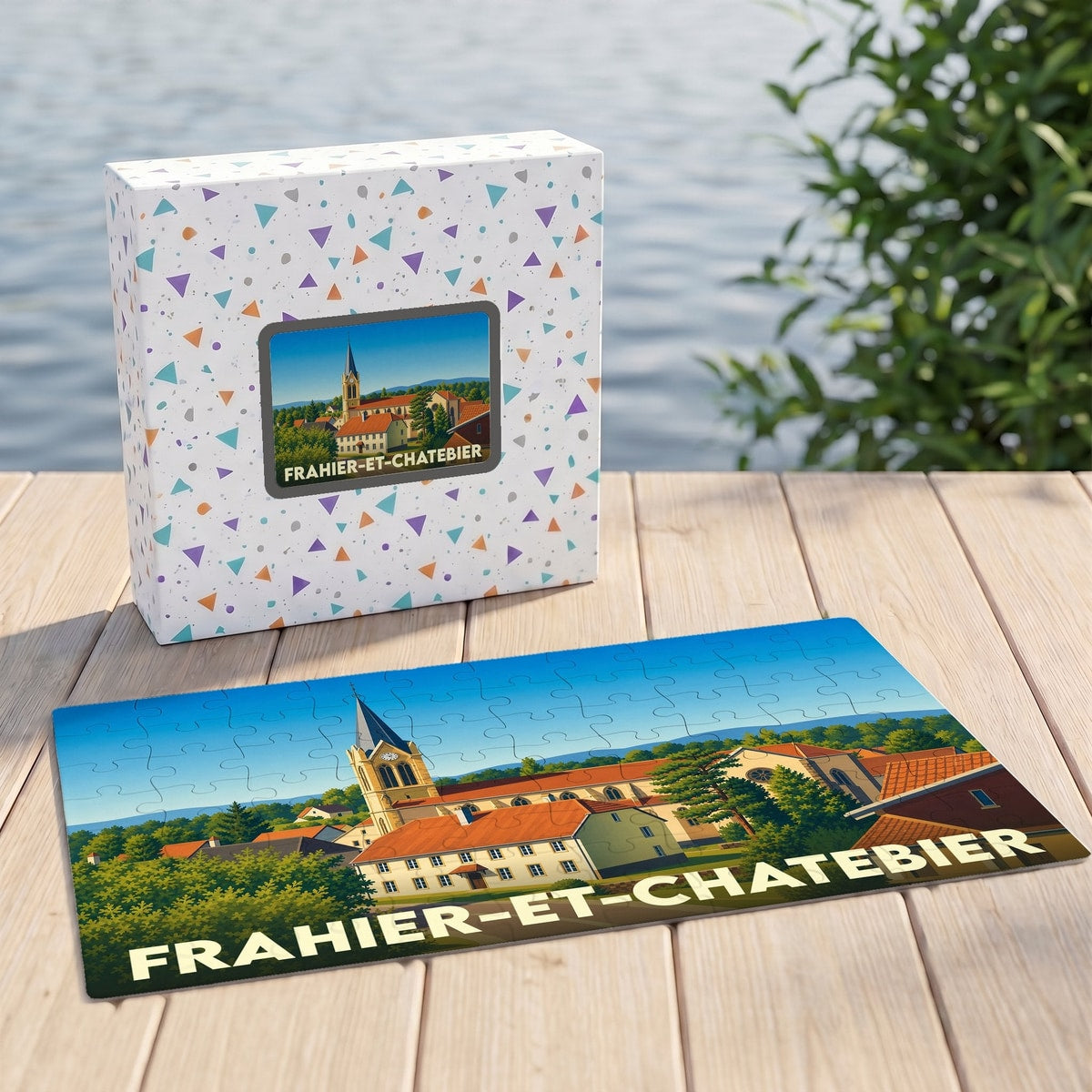 Puzzle souvenir de la ville de Frahier-et-Chatebier avec une illustration panoramique de son église et de ses toits rouges.