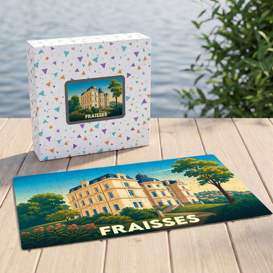 Puzzle souvenir de la ville de Fraisses avec une illustration stylisée d'un château.