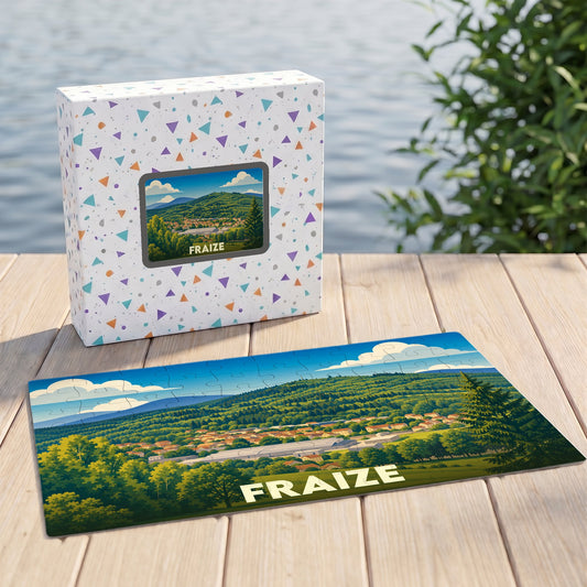 Puzzle souvenir de la ville de Fraize illustrant un paysage de vallée verdoyante.