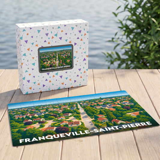 Puzzle souvenir de la ville de Franqueville-Saint-Pierre avec une illustration stylisée vue du ciel.