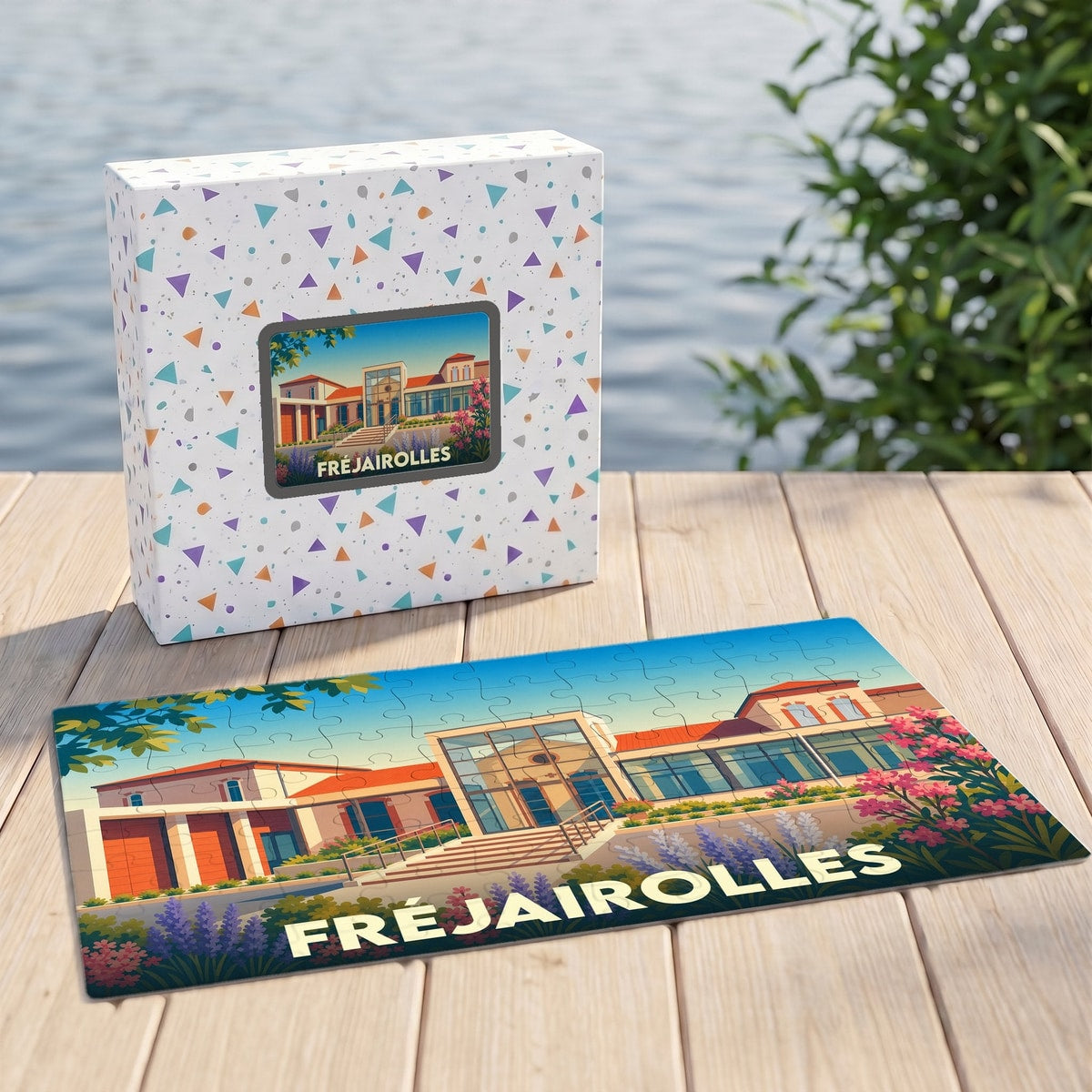Puzzle souvenir de la ville de Fréjairolles avec une illustration stylisée d'un bâtiment moderne et fleuri.