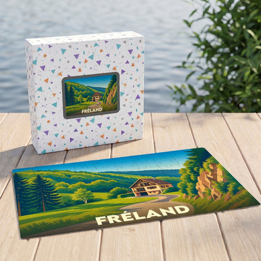 Puzzle souvenir de la ville de Fréland représentant un paysage de montagne illustré avec un chalet.