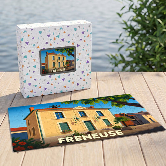 Puzzle souvenir de la ville de Freneuse avec une illustration stylisée.