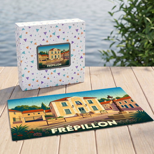 Puzzle souvenir de la ville de Frépillon avec une illustration stylisée et sa boîte assortie.