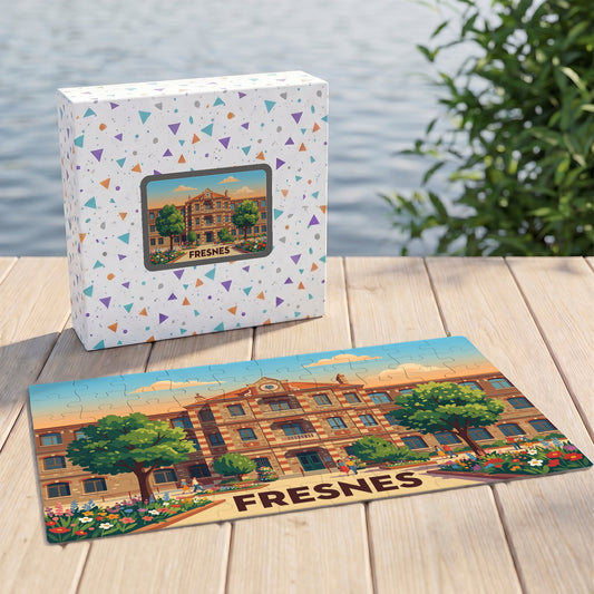 Puzzle souvenir de la ville de Fresnes avec une illustration colorée et stylisée de son architecture.