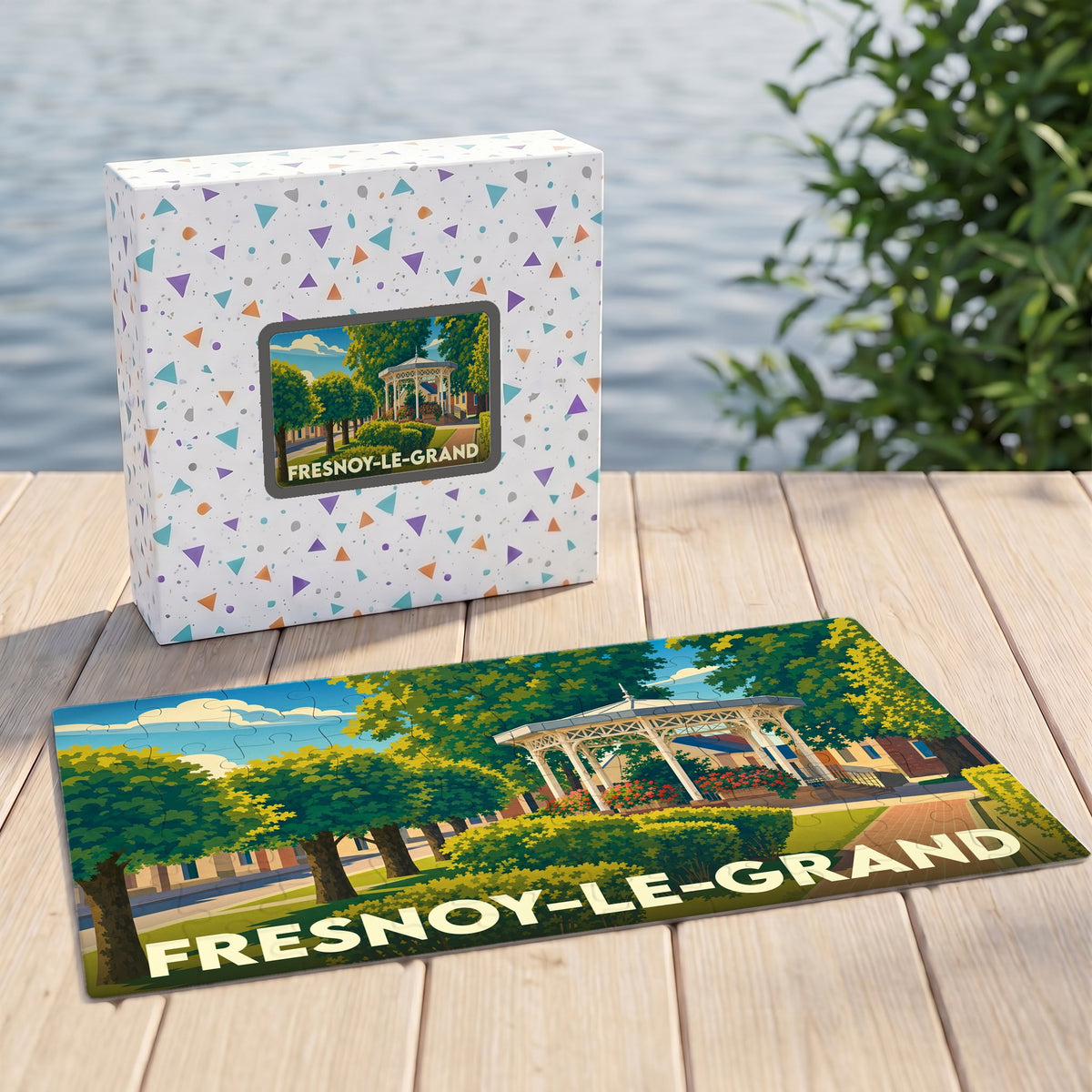 Puzzle souvenir de la ville de Fresnoy-le-Grand avec une illustration stylisée de son kiosque.