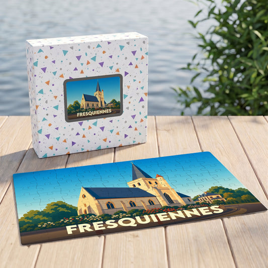 Puzzle souvenir de la ville de Fresquiennes représentant son église dans un style illustré.